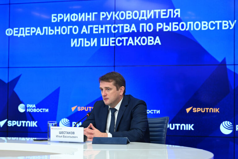 Фото с брифинга Ильи Шестакова в МИА «Россия сегодня»